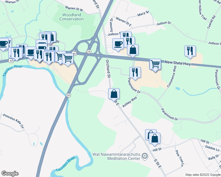 map of restaurants, bars, coffee shops, grocery stores, and more near 866 Orchard Street in Raynham