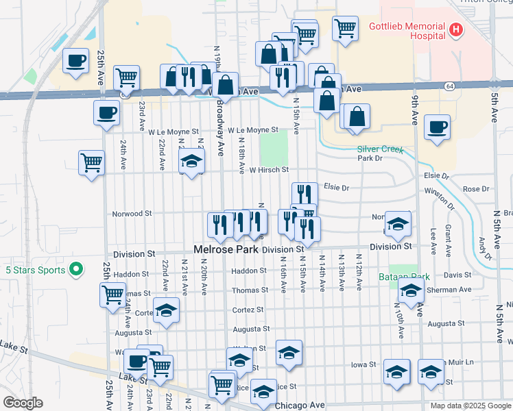 map of restaurants, bars, coffee shops, grocery stores, and more near 1600 North 17th Avenue in Melrose Park