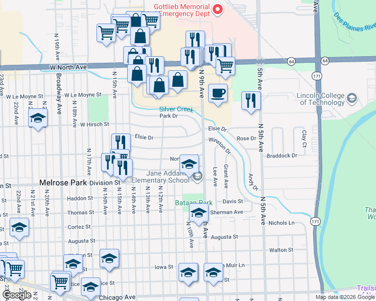 map of restaurants, bars, coffee shops, grocery stores, and more near 908 Winston Drive in Melrose Park