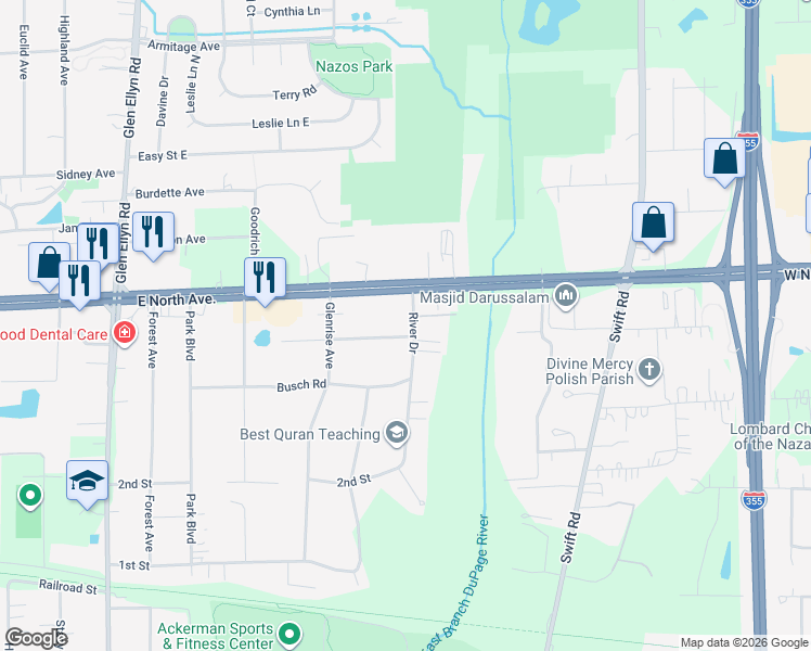 map of restaurants, bars, coffee shops, grocery stores, and more near 832 Valleyview Drive in Glen Ellyn