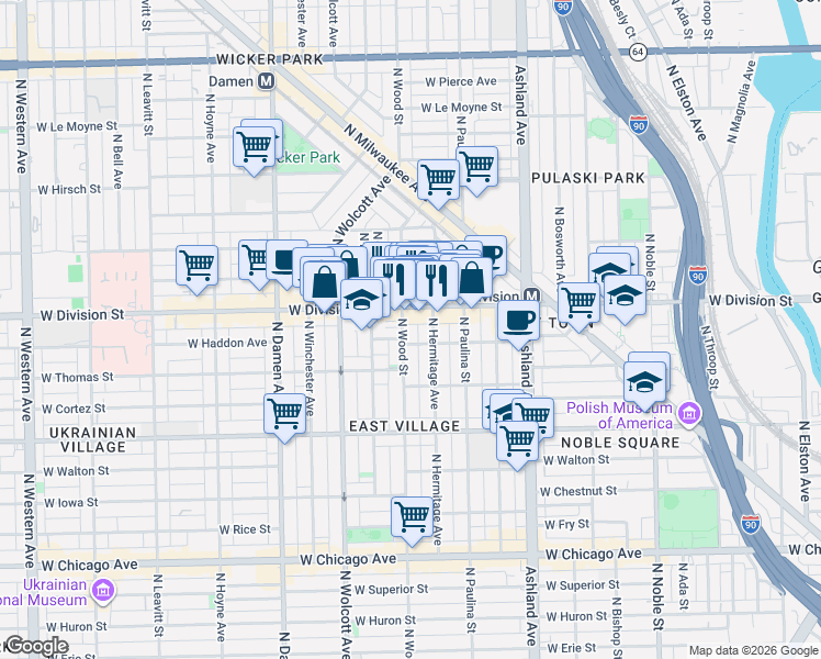 map of restaurants, bars, coffee shops, grocery stores, and more near 1137 North Wood Street in Chicago