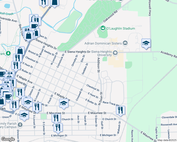 map of restaurants, bars, coffee shops, grocery stores, and more near 829 Croswell Street in Adrian