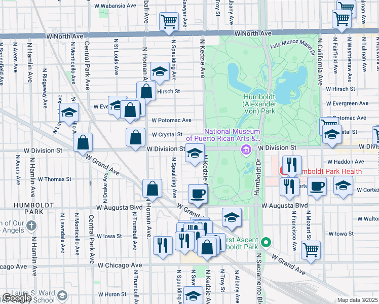 map of restaurants, bars, coffee shops, grocery stores, and more near 3299 West Division Street in Chicago