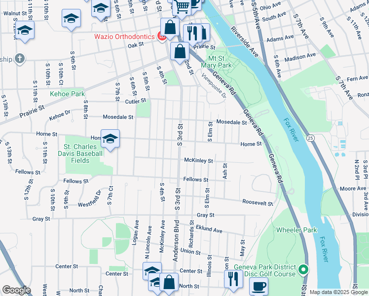 map of restaurants, bars, coffee shops, grocery stores, and more near 1116 South 3rd Street in St. Charles