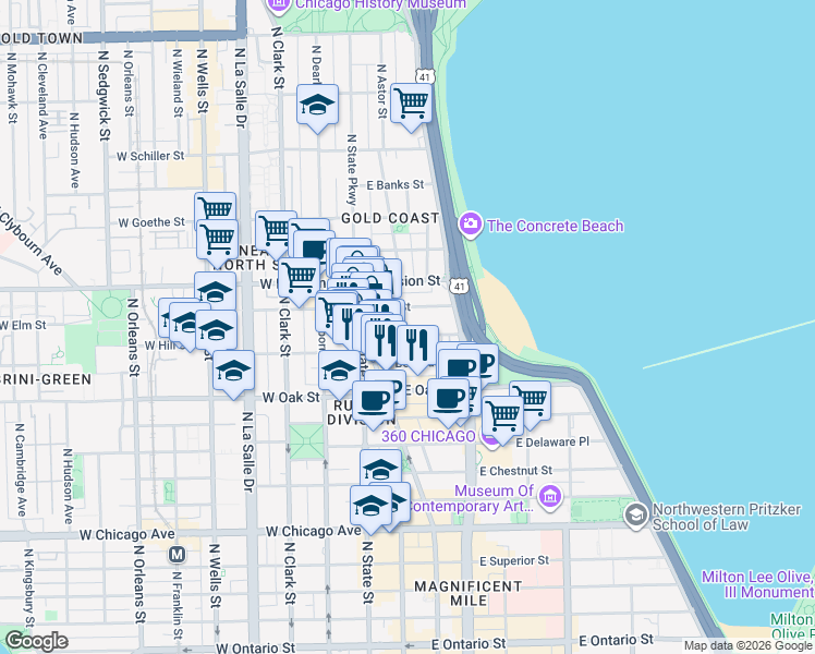 map of restaurants, bars, coffee shops, grocery stores, and more near 40 East Cedar Street in Chicago