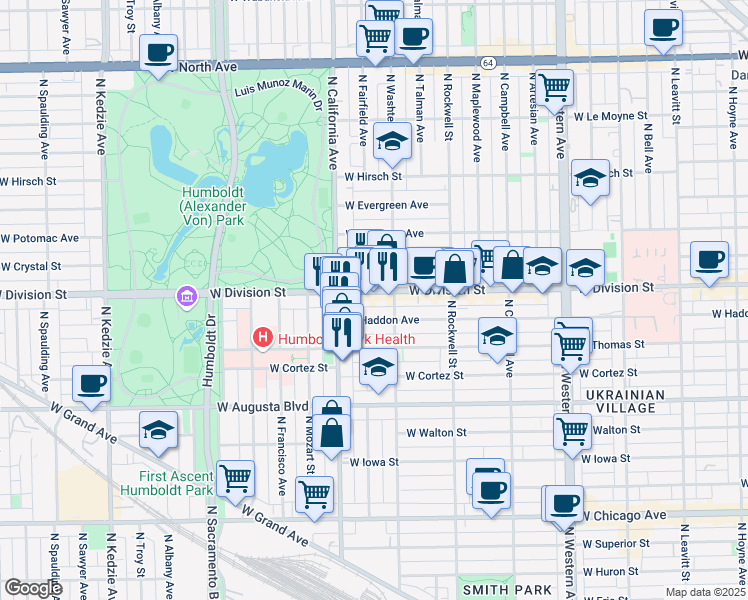 map of restaurants, bars, coffee shops, grocery stores, and more near 2743 West Division Street in Chicago