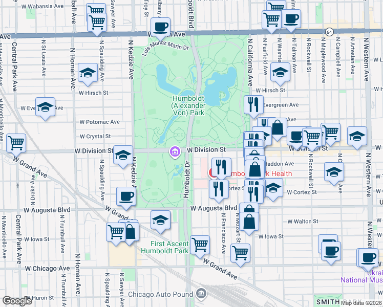 map of restaurants, bars, coffee shops, grocery stores, and more near 1440 North Sacramento Avenue in Chicago