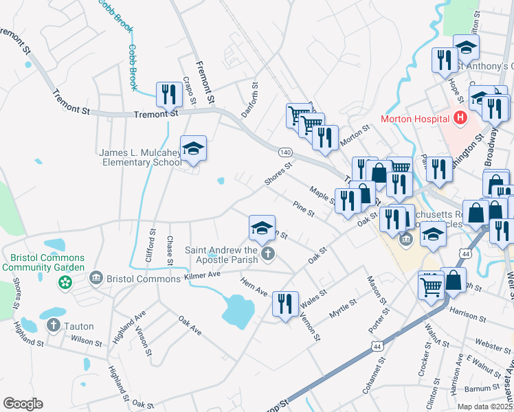 map of restaurants, bars, coffee shops, grocery stores, and more near 40R Shores Street in Taunton