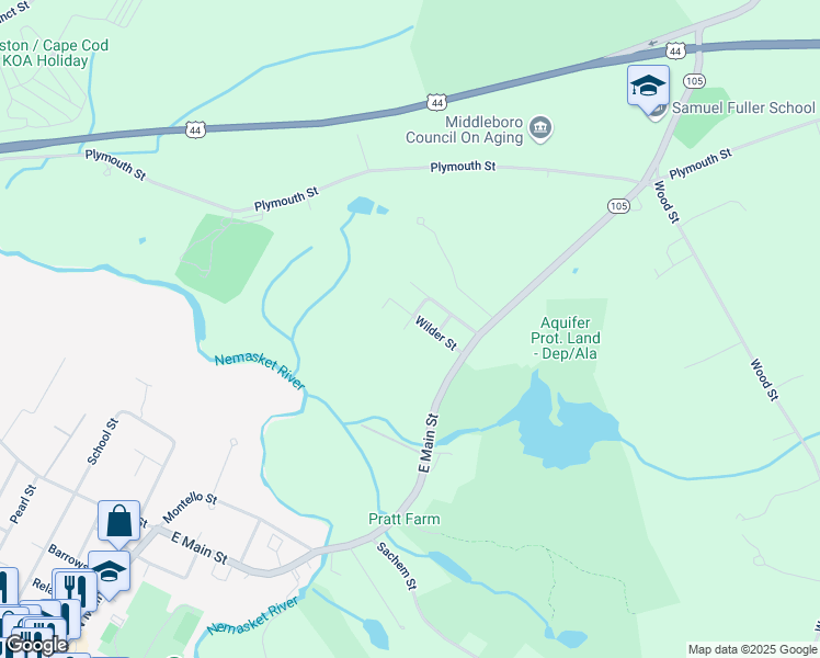 map of restaurants, bars, coffee shops, grocery stores, and more near 48 View Street in Middleborough