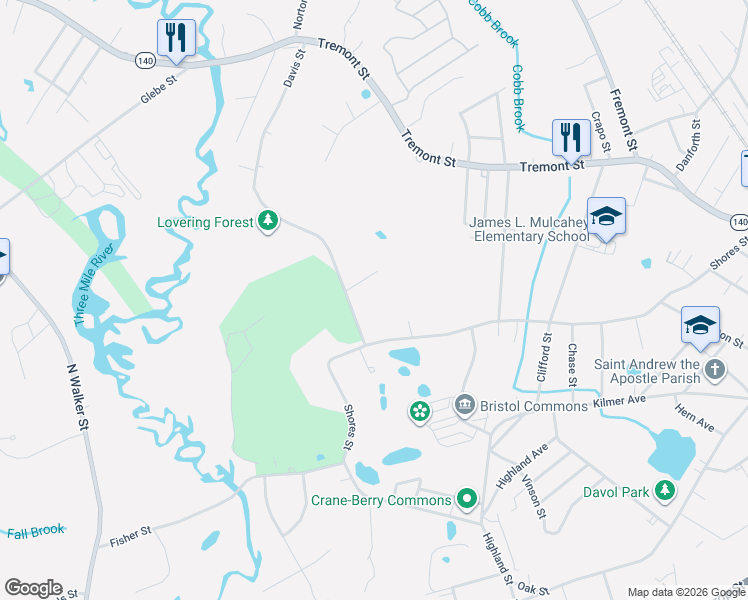 map of restaurants, bars, coffee shops, grocery stores, and more near 56 Davis Street in Taunton