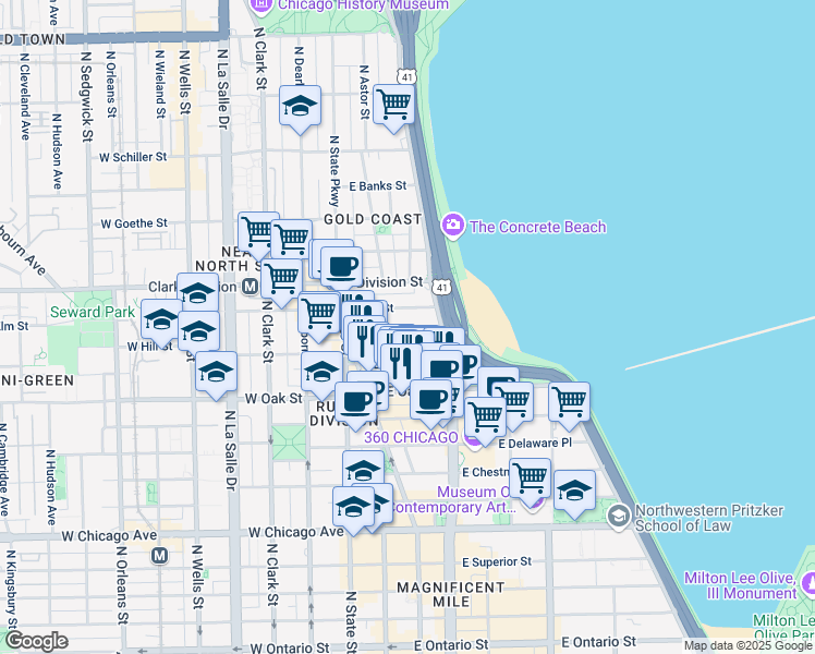 map of restaurants, bars, coffee shops, grocery stores, and more near 70 East Cedar Street in Chicago