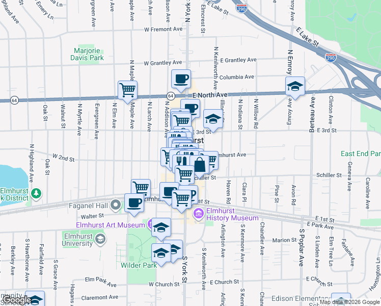 map of restaurants, bars, coffee shops, grocery stores, and more near 183n North York Street Rear in Elmhurst