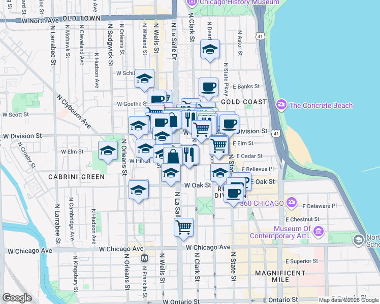 map of restaurants, bars, coffee shops, grocery stores, and more near 1122 North Clark Street in Chicago