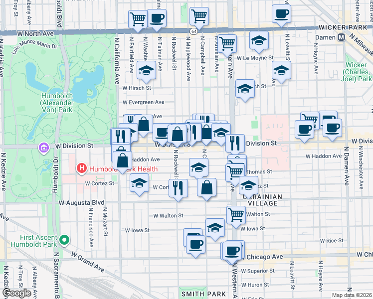 map of restaurants, bars, coffee shops, grocery stores, and more near in Chicago