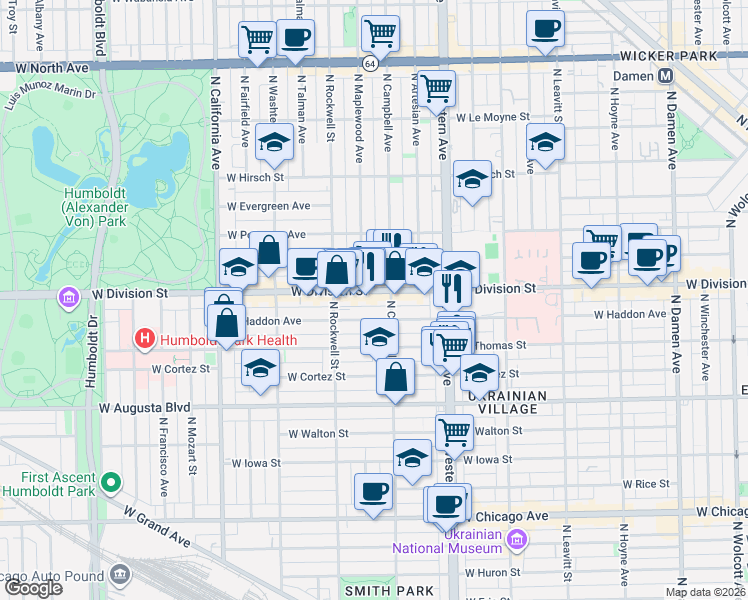 map of restaurants, bars, coffee shops, grocery stores, and more near in Chicago
