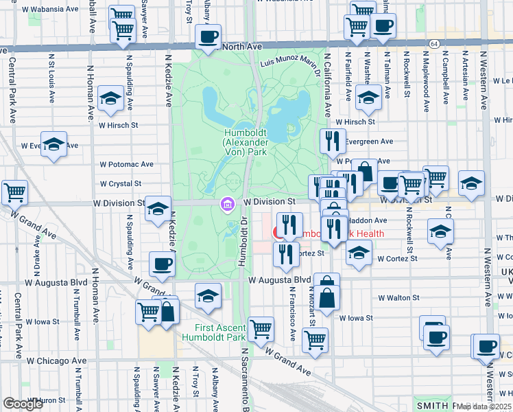 map of restaurants, bars, coffee shops, grocery stores, and more near in Chicago