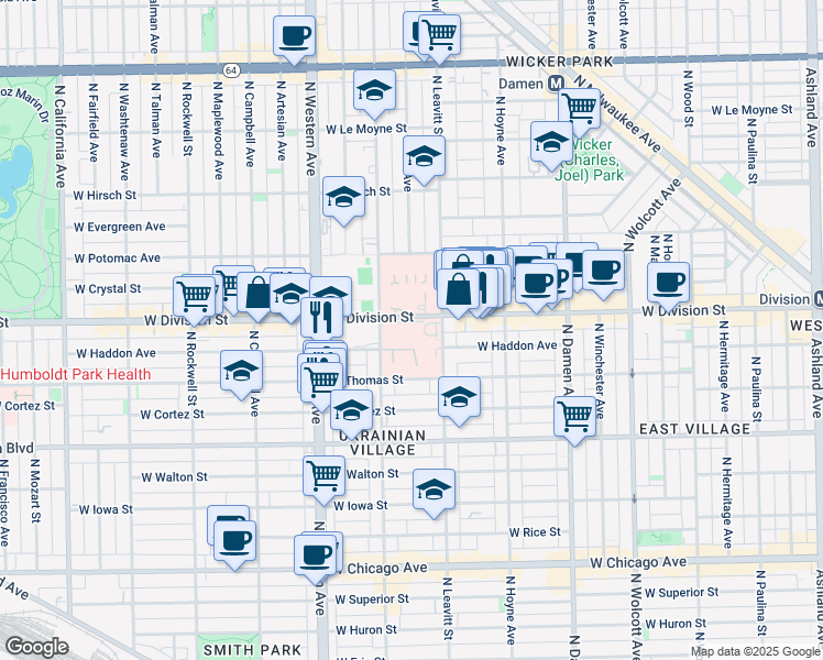 map of restaurants, bars, coffee shops, grocery stores, and more near 2233 West Division Street in Chicago