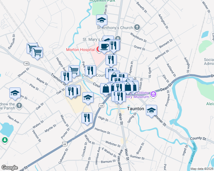 map of restaurants, bars, coffee shops, grocery stores, and more near 9-11-15 Court Street in Taunton
