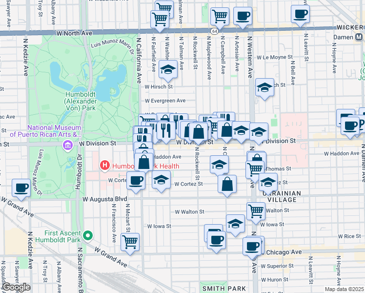 map of restaurants, bars, coffee shops, grocery stores, and more near 2625 West Division Street in Chicago