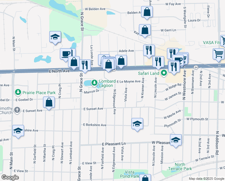 map of restaurants, bars, coffee shops, grocery stores, and more near 640 North Edgewood Avenue in Lombard