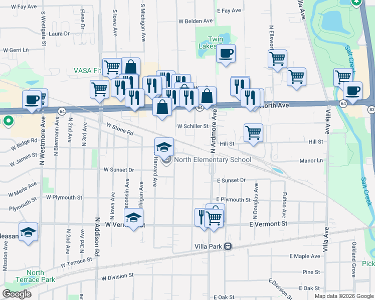 map of restaurants, bars, coffee shops, grocery stores, and more near 42 West Ridge Road in Villa Park
