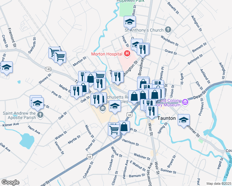 map of restaurants, bars, coffee shops, grocery stores, and more near 50 Court Street in Taunton