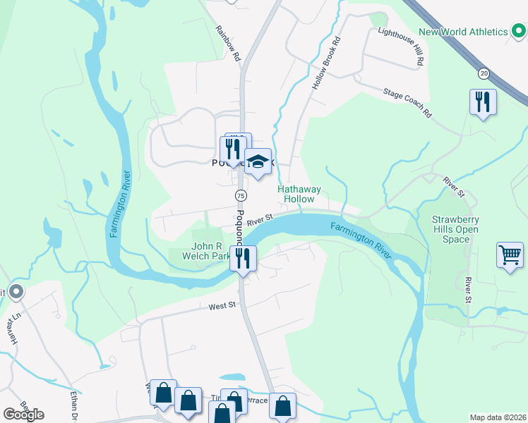 map of restaurants, bars, coffee shops, grocery stores, and more near 33 River Street in Windsor