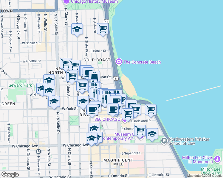 map of restaurants, bars, coffee shops, grocery stores, and more near 70 East Cedar Street in Chicago