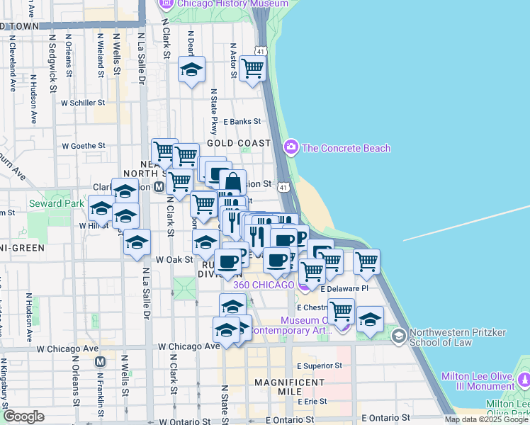 map of restaurants, bars, coffee shops, grocery stores, and more near 70 East Cedar Street in Chicago