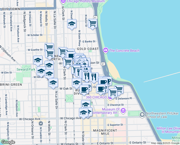 map of restaurants, bars, coffee shops, grocery stores, and more near 40 East Cedar Street in Chicago