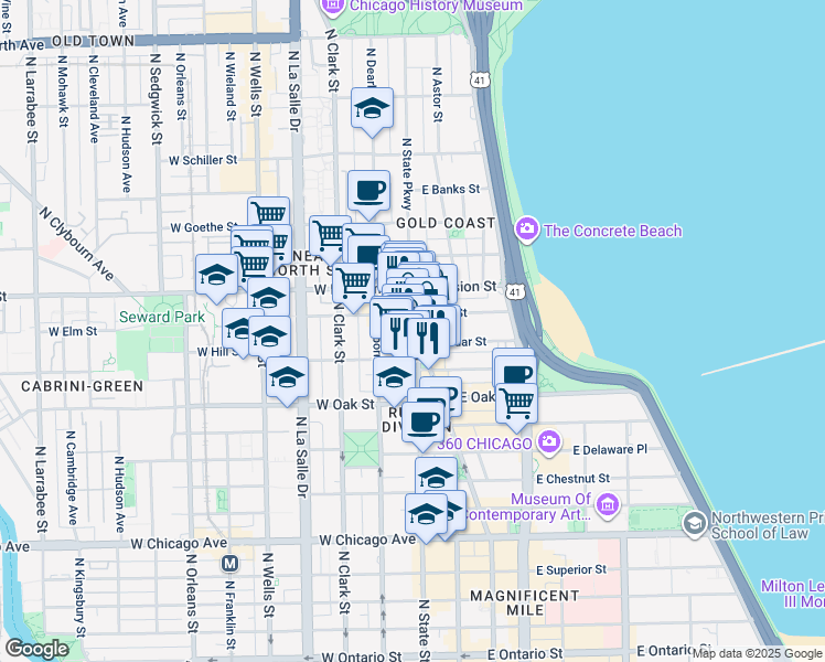 map of restaurants, bars, coffee shops, grocery stores, and more near 1031 North State Street in Chicago