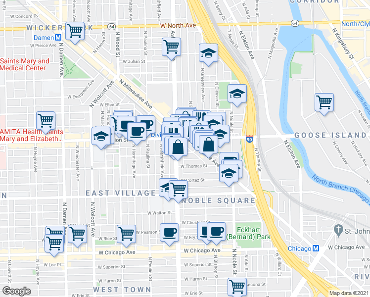 map of restaurants, bars, coffee shops, grocery stores, and more near 1515 West Haddon Avenue in Chicago