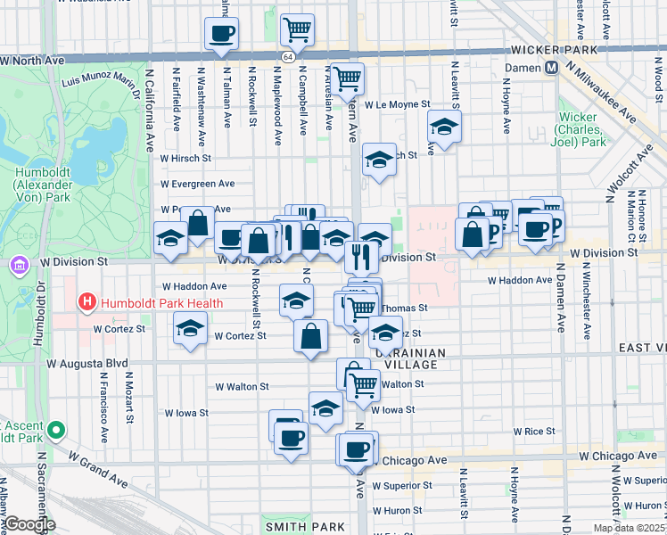 map of restaurants, bars, coffee shops, grocery stores, and more near 2438 West Haddon Avenue in Chicago