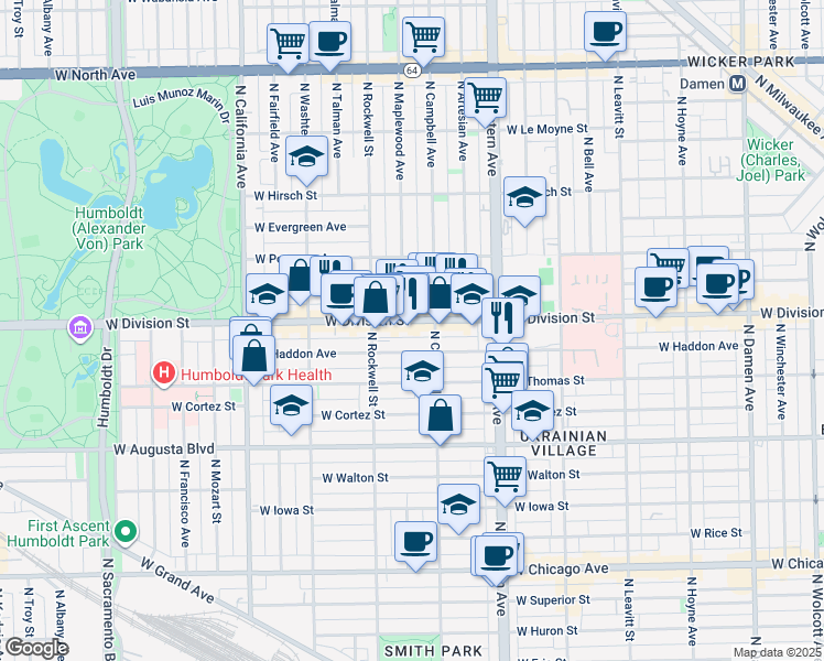 map of restaurants, bars, coffee shops, grocery stores, and more near in Chicago