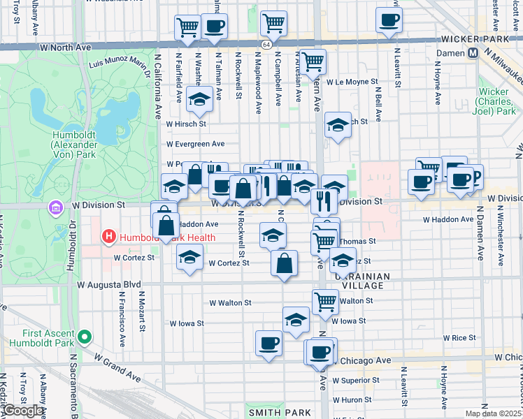 map of restaurants, bars, coffee shops, grocery stores, and more near in Chicago