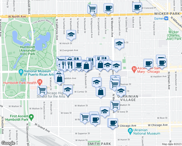 map of restaurants, bars, coffee shops, grocery stores, and more near in Chicago