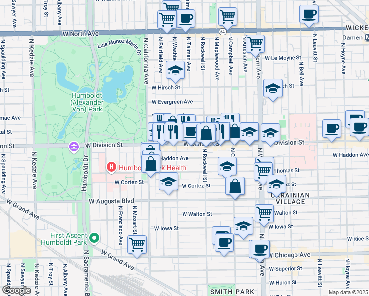 map of restaurants, bars, coffee shops, grocery stores, and more near 2625 West Division Street in Chicago