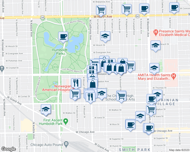 map of restaurants, bars, coffee shops, grocery stores, and more near 2743 West Division Street in Chicago