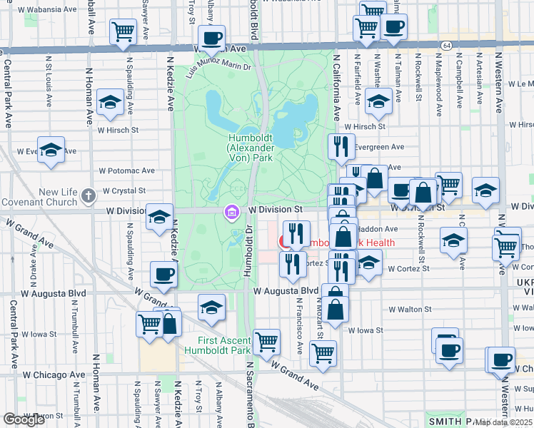map of restaurants, bars, coffee shops, grocery stores, and more near 2925 West Division Street in Chicago