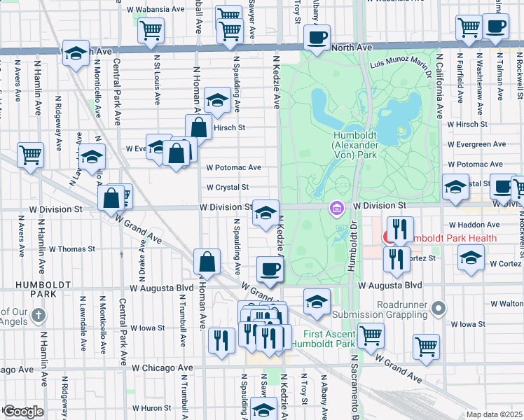 map of restaurants, bars, coffee shops, grocery stores, and more near 3299 West Division Street in Chicago