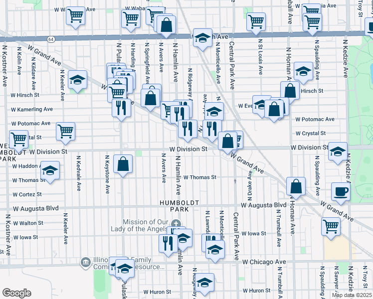map of restaurants, bars, coffee shops, grocery stores, and more near 3725 West Division Street in Chicago