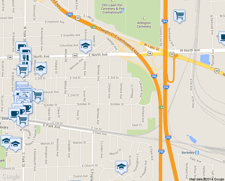 map of restaurants, bars, coffee shops, grocery stores, and more near 213 Clinton Avenue in Elmhurst