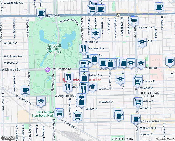 map of restaurants, bars, coffee shops, grocery stores, and more near 2739 West Division Street in Chicago