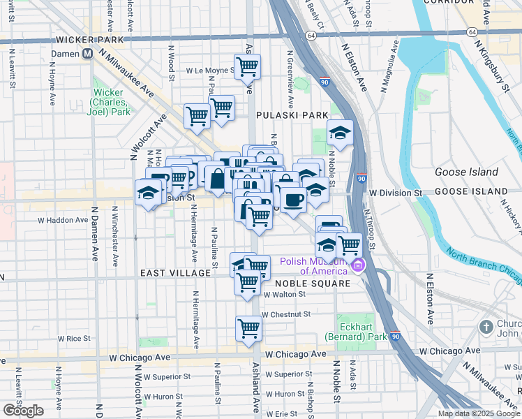 map of restaurants, bars, coffee shops, grocery stores, and more near in Chicago
