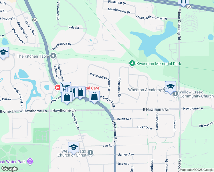 map of restaurants, bars, coffee shops, grocery stores, and more near 505 Columbine Lane in West Chicago