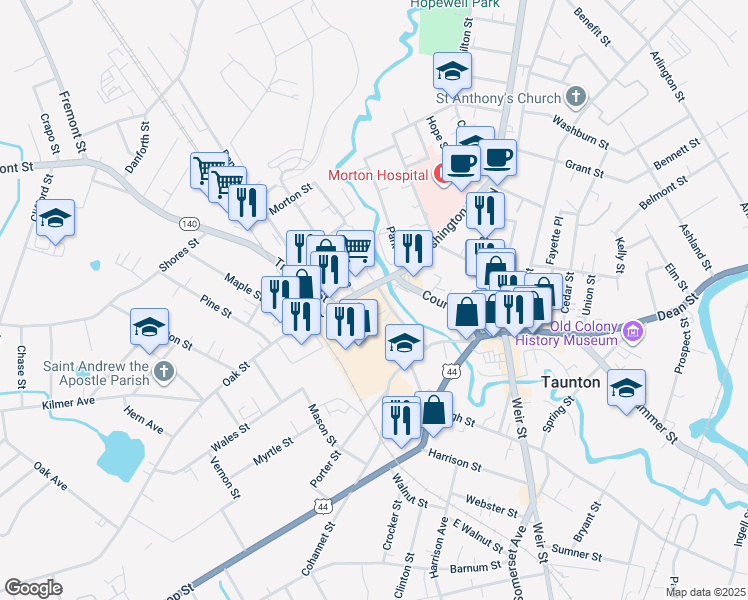 map of restaurants, bars, coffee shops, grocery stores, and more near 7 Washington Street in Taunton