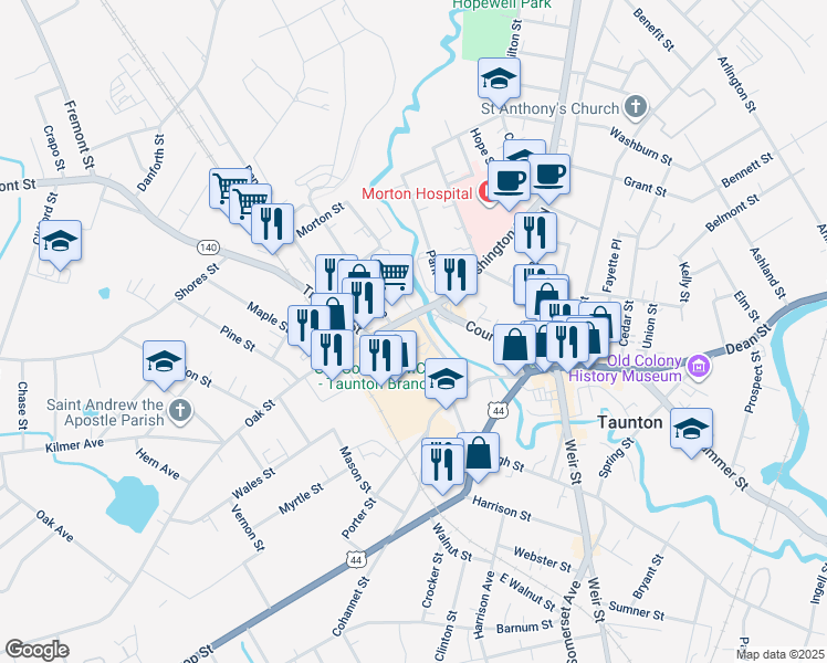 map of restaurants, bars, coffee shops, grocery stores, and more near 7 Washington Street in Taunton