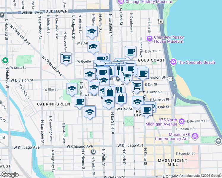 map of restaurants, bars, coffee shops, grocery stores, and more near in Chicago