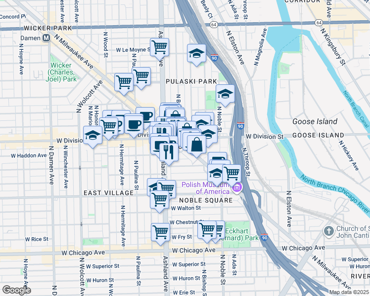 map of restaurants, bars, coffee shops, grocery stores, and more near 1515 West Haddon Avenue in Chicago