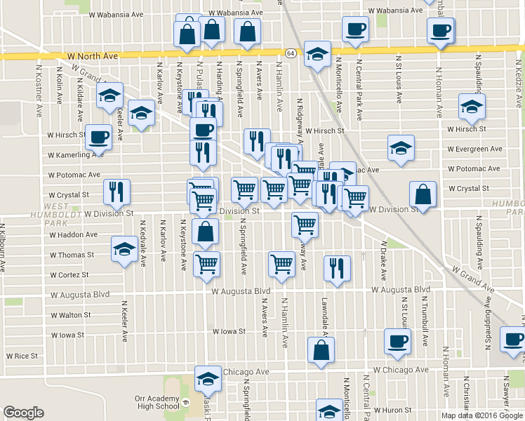 map of restaurants, bars, coffee shops, grocery stores, and more near 1200 N Avers Ave in Chicago
